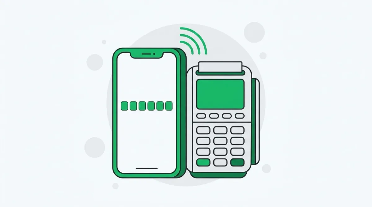 Ilustracja: smartfon z pustym polem na sześciocyfrowy kod obok terminala płatniczego