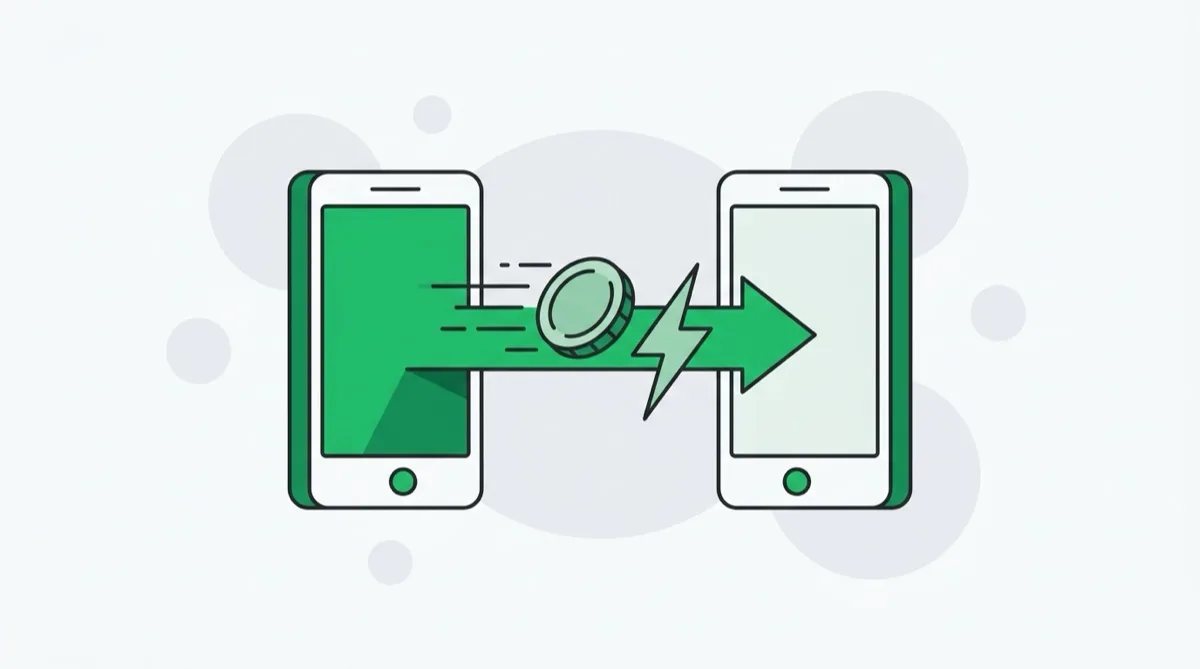 Ilustracja: moneta lecąca po strzałce z błyskawicą między dwoma smartfonami