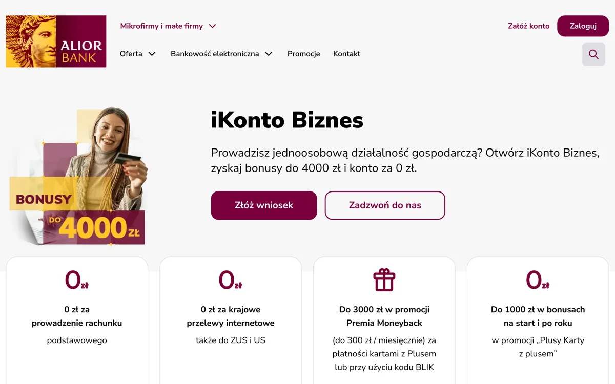 Zrzut ekranu strony promocji Alior Bank: iKonto Biznes Alior Bank: do 4 000 zł premii dla firmy
