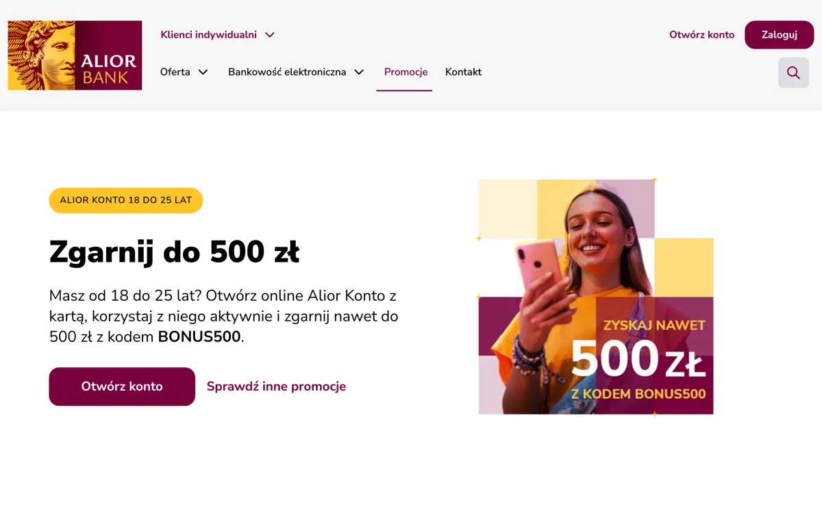 Zrzut ekranu strony promocji Alior Bank: Alior Konto 18-25: do 500 zł premii z kodem BONUS500