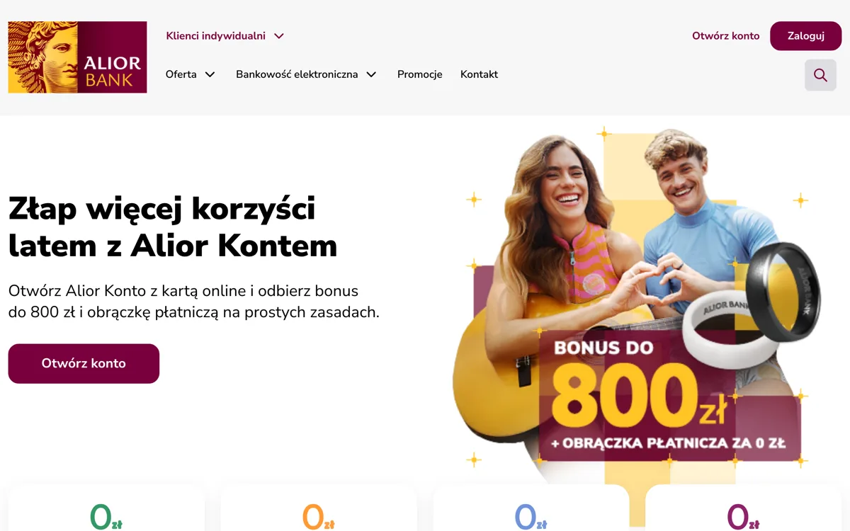 Zrzut ekranu strony promocji Alior Bank: Alior Konto: do 800 zł premii i obrączka płatnicza