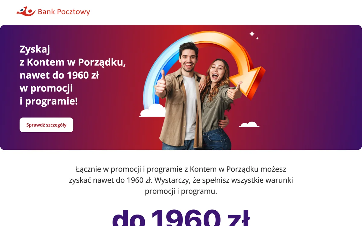 Zrzut ekranu strony promocji Bank Pocztowy: Konto w Porządku Bank Pocztowy: do 960 zł zwrotu
