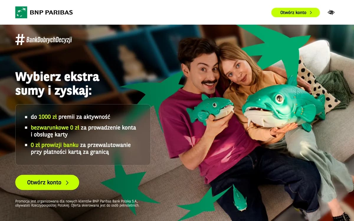 Zrzut ekranu strony promocji BNP Paribas: Konto Otwarte na Ciebie BNP Paribas: premia do 1 100 zł