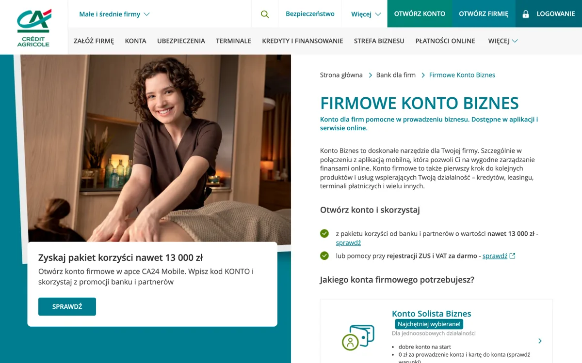 Zrzut ekranu strony promocji Credit Agricole: Konto Biznes Credit Agricole: do 4 900 zł premii dla firmy