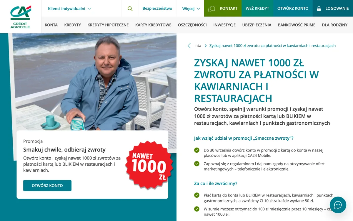 Zrzut ekranu strony promocji Credit Agricole: Konto dla Ciebie MAX Credit Agricole: do 1 000 zł zwrotów za gastronomię
