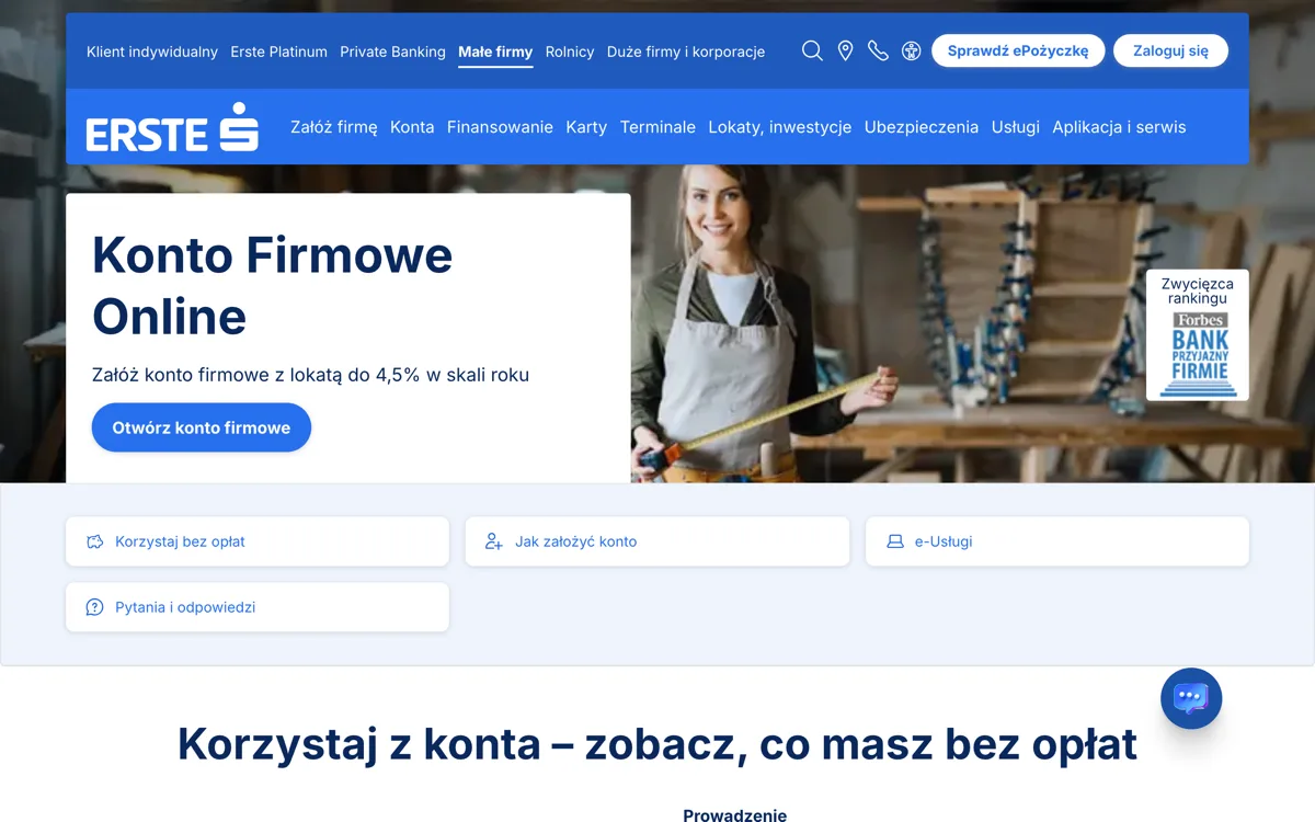 Zrzut ekranu strony promocji Erste Bank Polska: Konto Firmowe Online w Erste: do 4 500 zł premii
