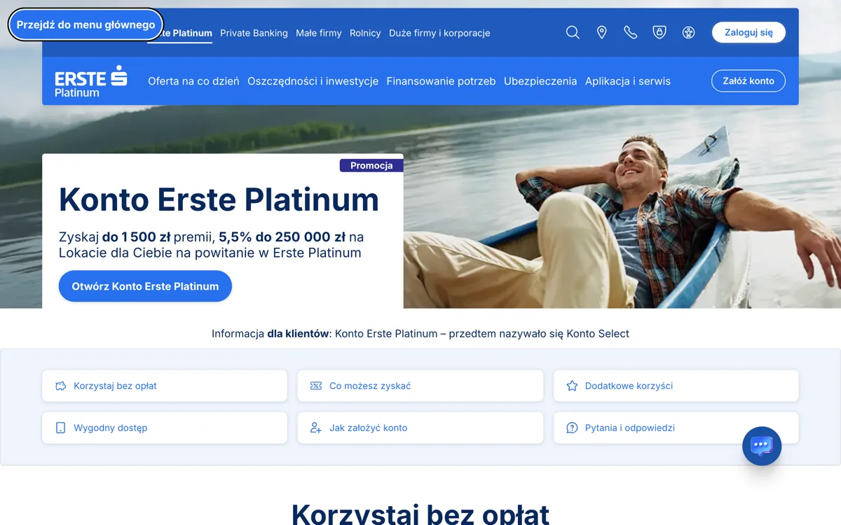 Zrzut ekranu strony promocji Erste Bank Polska: Konto Erste Platinum: do 300 zł premii i 5,5% na lokacie