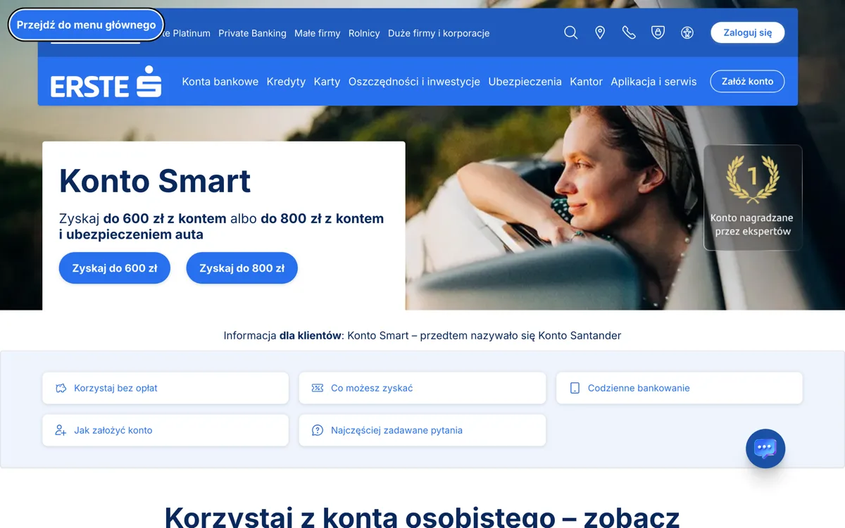Zrzut ekranu strony promocji Erste Bank Polska: Konto Smart Erste Bank Polska: do 600 zł premii