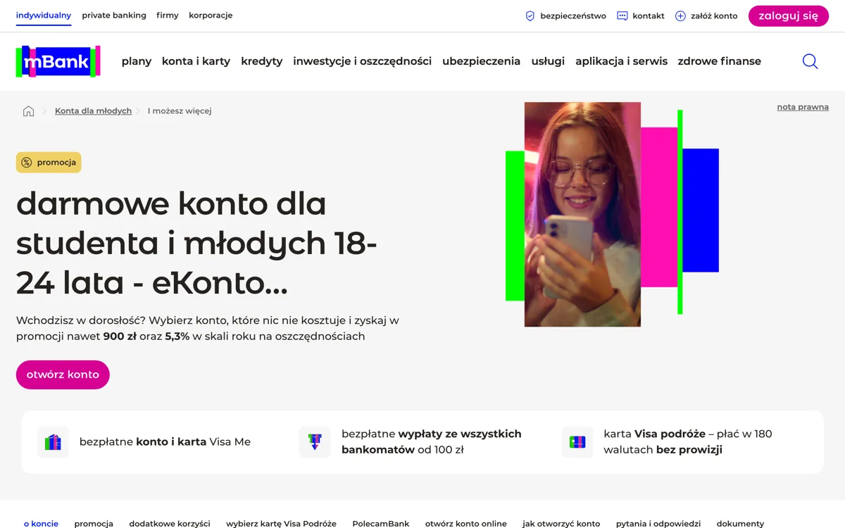 Zrzut ekranu strony promocji mBank: eKonto możliwości mBank: do 900 zł premii dla młodych 18-24