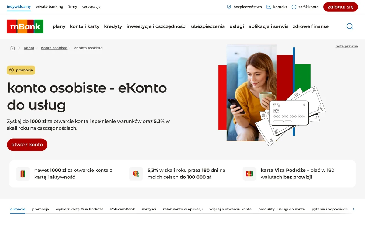 Zrzut ekranu strony promocji mBank: eKonto do usług mBank: do 1 010 zł premii