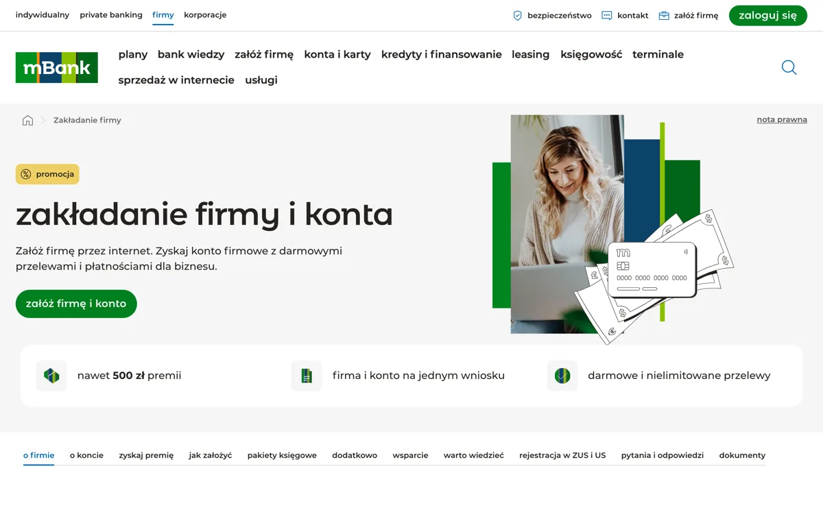 Zrzut ekranu strony promocji mBank: mBiznes Konto Standard: 500 zł premii przy zakładaniu firmy