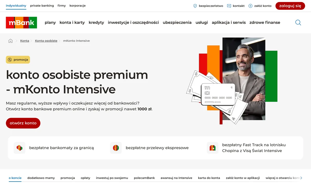Zrzut ekranu strony promocji mBank: mKonto Intensive mBank: do 1 010 zł premii