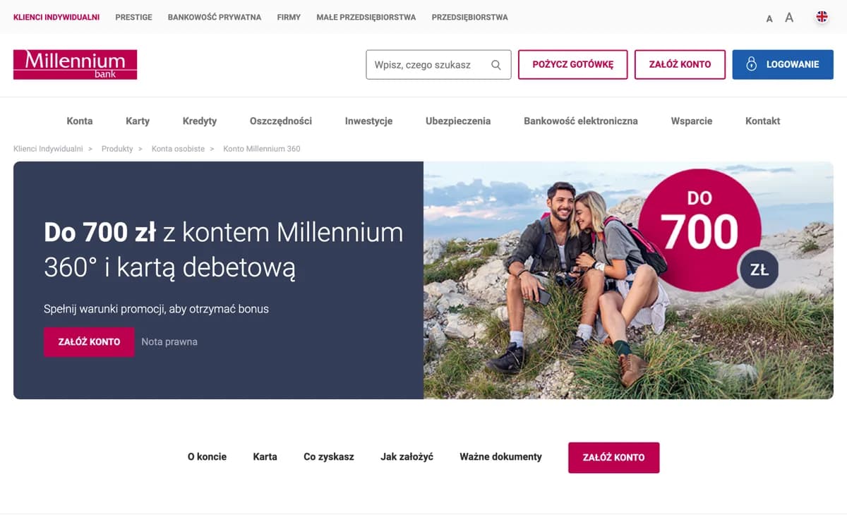 Zrzut ekranu strony promocji Millennium Bank: Konto Millennium 360°: premia do 1 000 zł