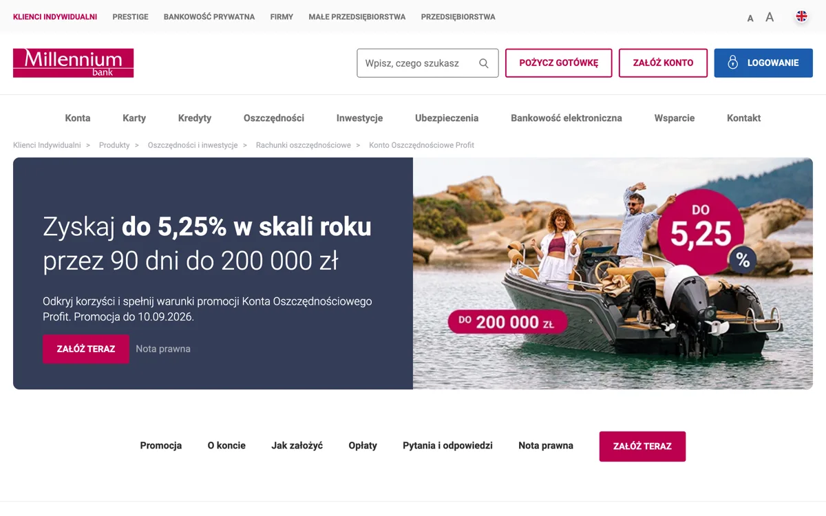 Zrzut ekranu strony promocji Millennium Bank: Konto Oszczędnościowe Profit: 5,25% do 200 000 zł przez 91 dni