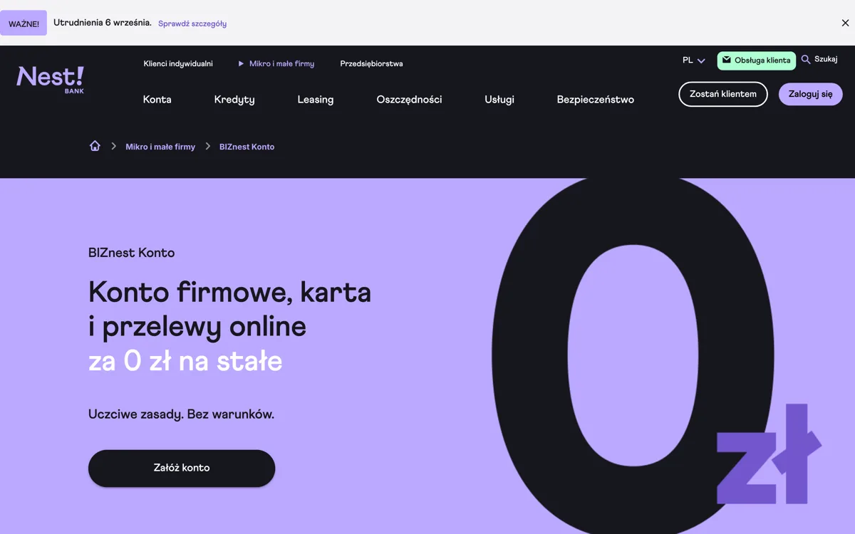 Zrzut ekranu strony promocji Nest Bank: BIZnest Konto: konto firmowe z sześcioma opłatami po 0 zł