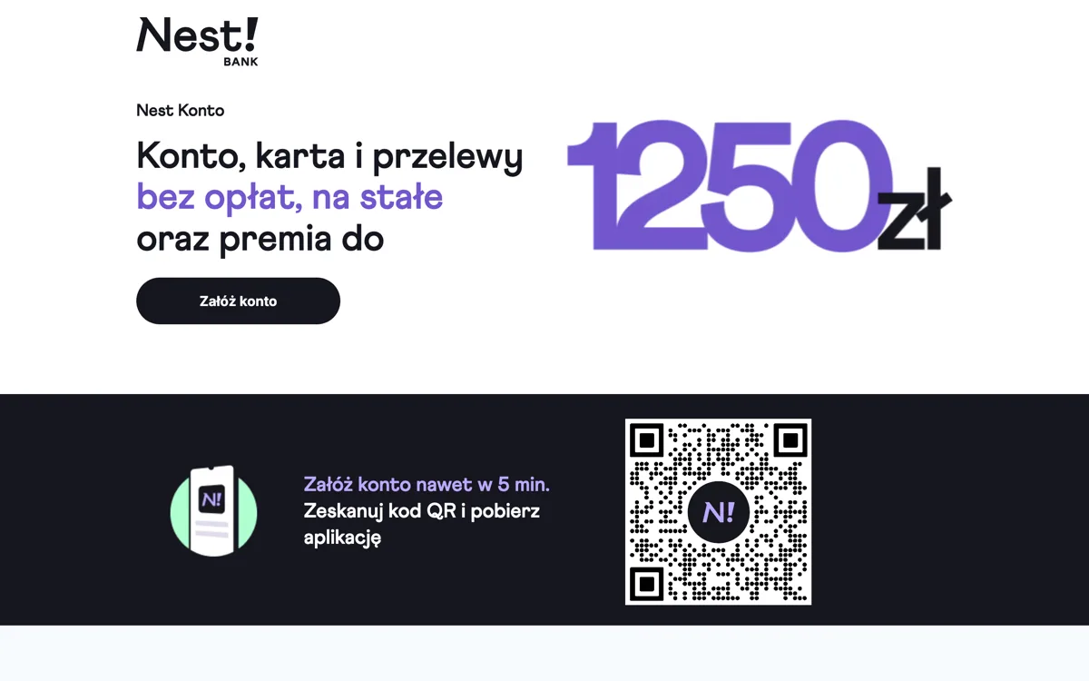 Zrzut ekranu strony promocji Nest Bank: Nest Konto: do 1 250 zł premii za codzienne płatności