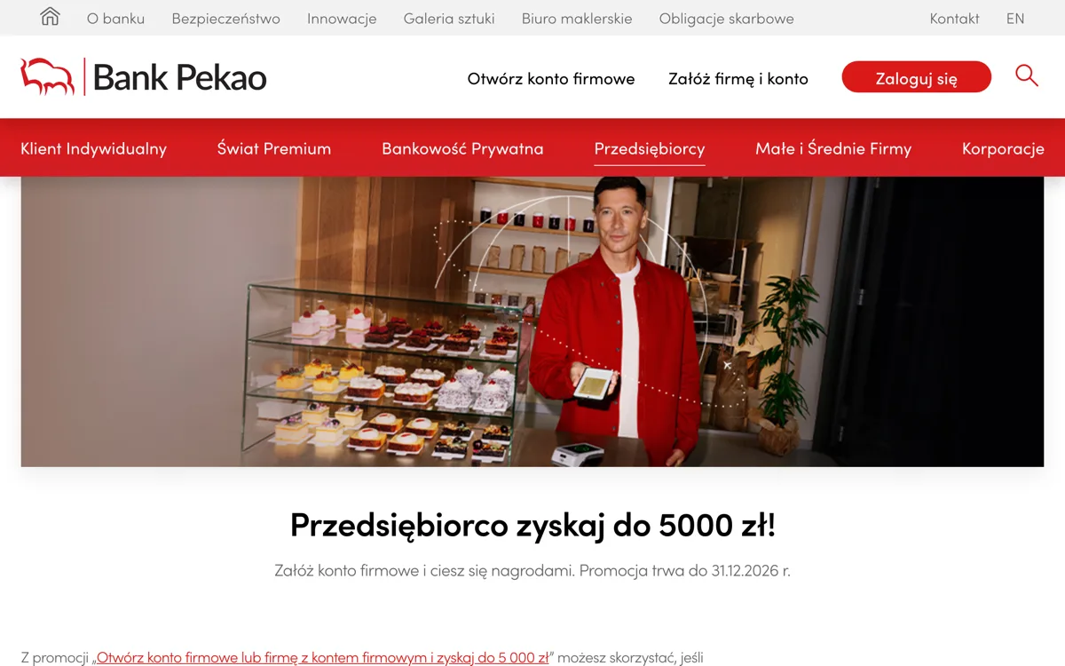 Zrzut ekranu strony promocji Bank Pekao: Konto Biznes z Żubrem Pekao: premia do 5 000 zł dla firm