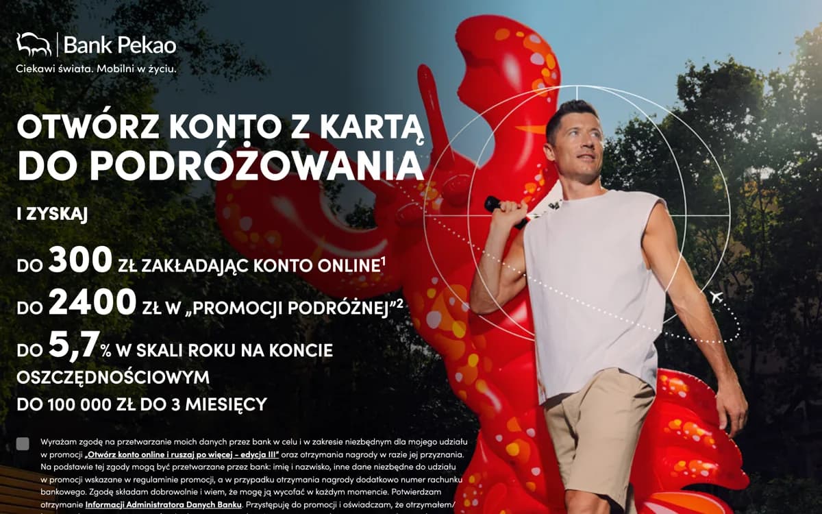 Zrzut ekranu strony promocji Bank Pekao: Konto Przekorzystne Pekao: 300 zł premii i do 2 400 zł na podróże