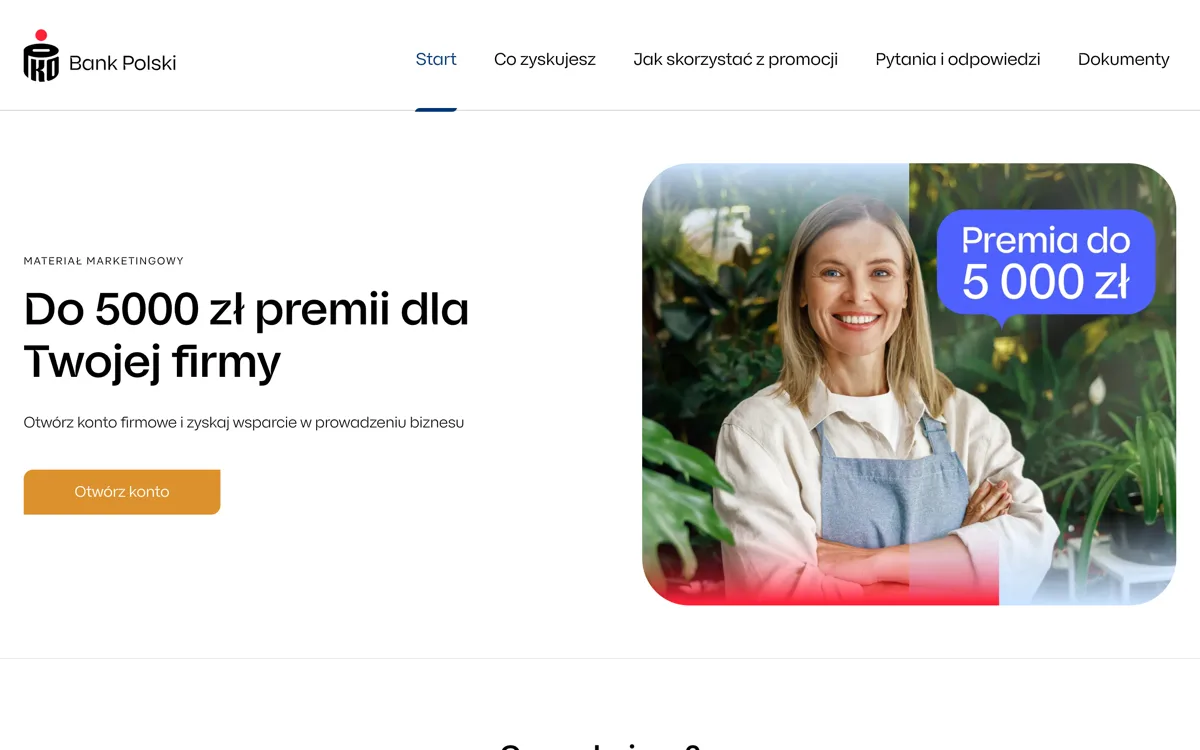Zrzut ekranu strony promocji PKO Bank Polski: PKO Konto Firmowe: premia do 5 000 zł dla firm
