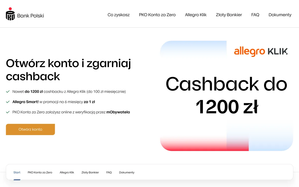 Zrzut ekranu strony promocji PKO Bank Polski: PKO Konto za Zero: do 1 200 zł cashbacku z Allegro Klik