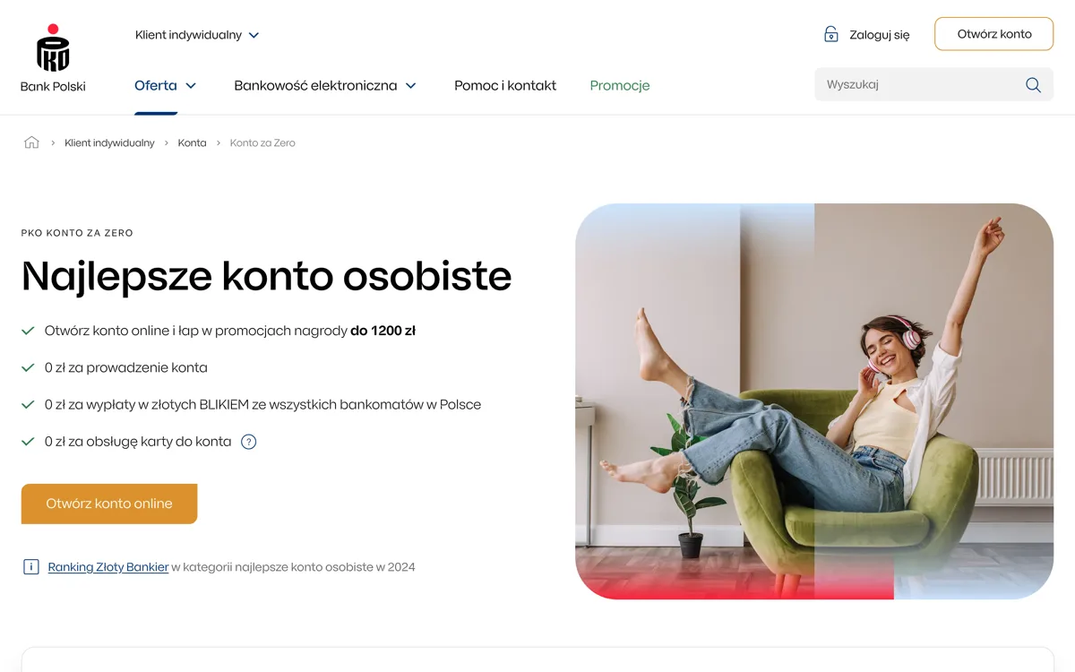 Zrzut ekranu strony promocji PKO Bank Polski: PKO Konto za Zero: do 600 zł premii za płatności kartą