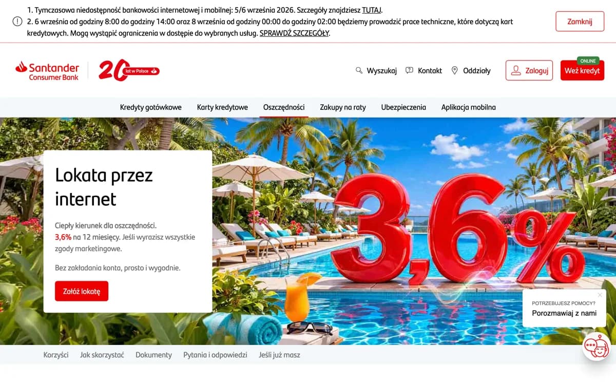 Zrzut ekranu strony promocji Santander Consumer Bank: Lokata przez internet w Santander Consumer Banku: do 3,6% w skali roku