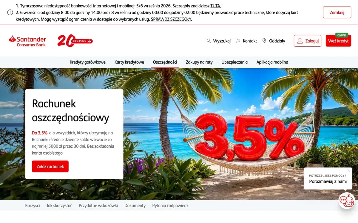 Zrzut ekranu strony promocji Santander Consumer Bank: Rachunek oszczędnościowy Santander Consumer: 3,5% do 50 000 zł