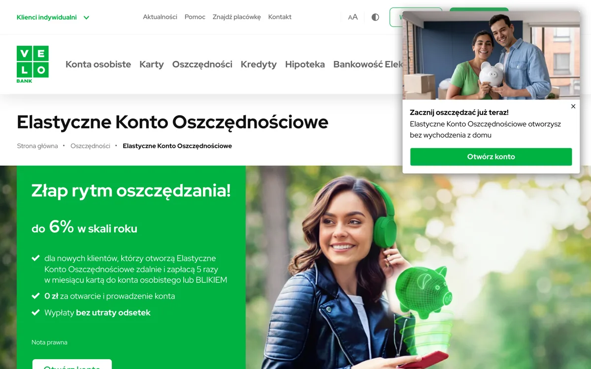 Zrzut ekranu strony promocji VeloBank: Elastyczne Konto Oszczędnościowe VeloBank: 6% do 100 000 zł