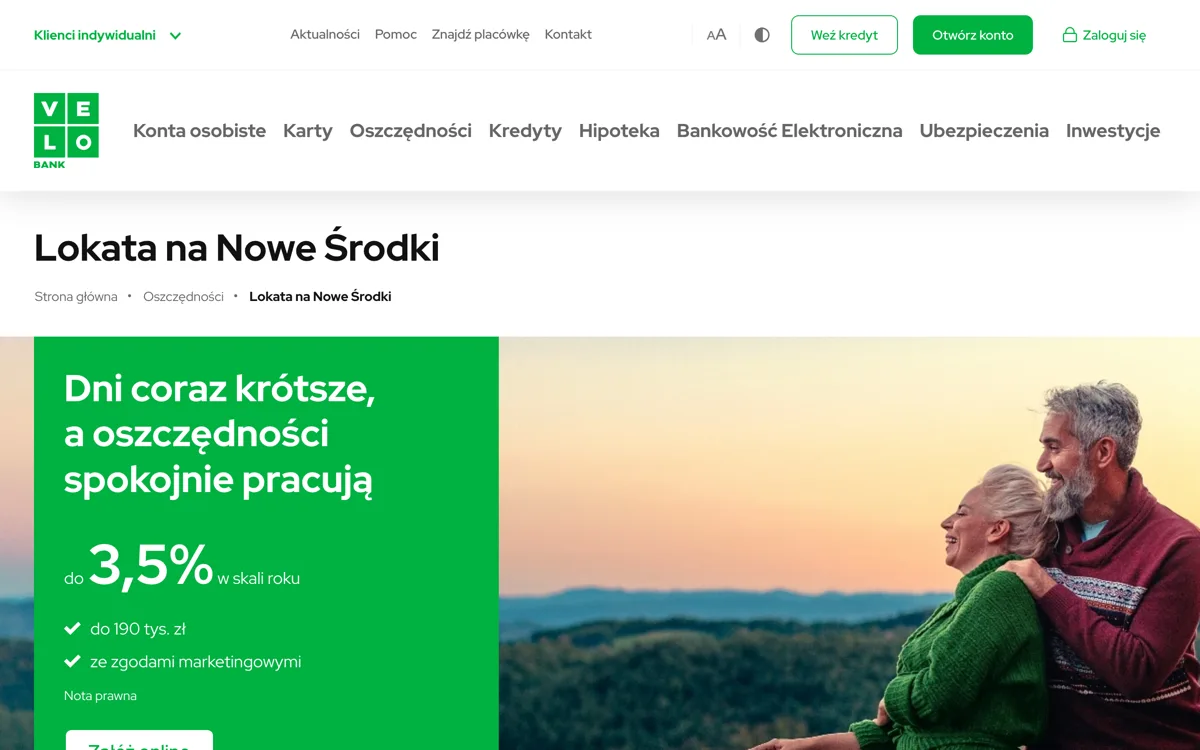 Zrzut ekranu strony promocji VeloBank: Lokata na Nowe Środki w VeloBanku: do 3,5% w skali roku