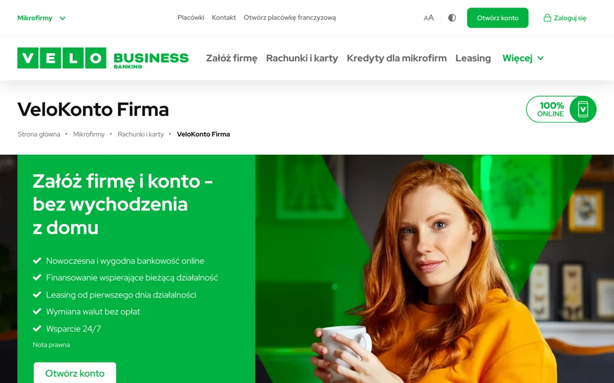 Zrzut ekranu strony promocji VeloBank: VeloKonto Firma: konto firmowe z 0 zł za prowadzenie