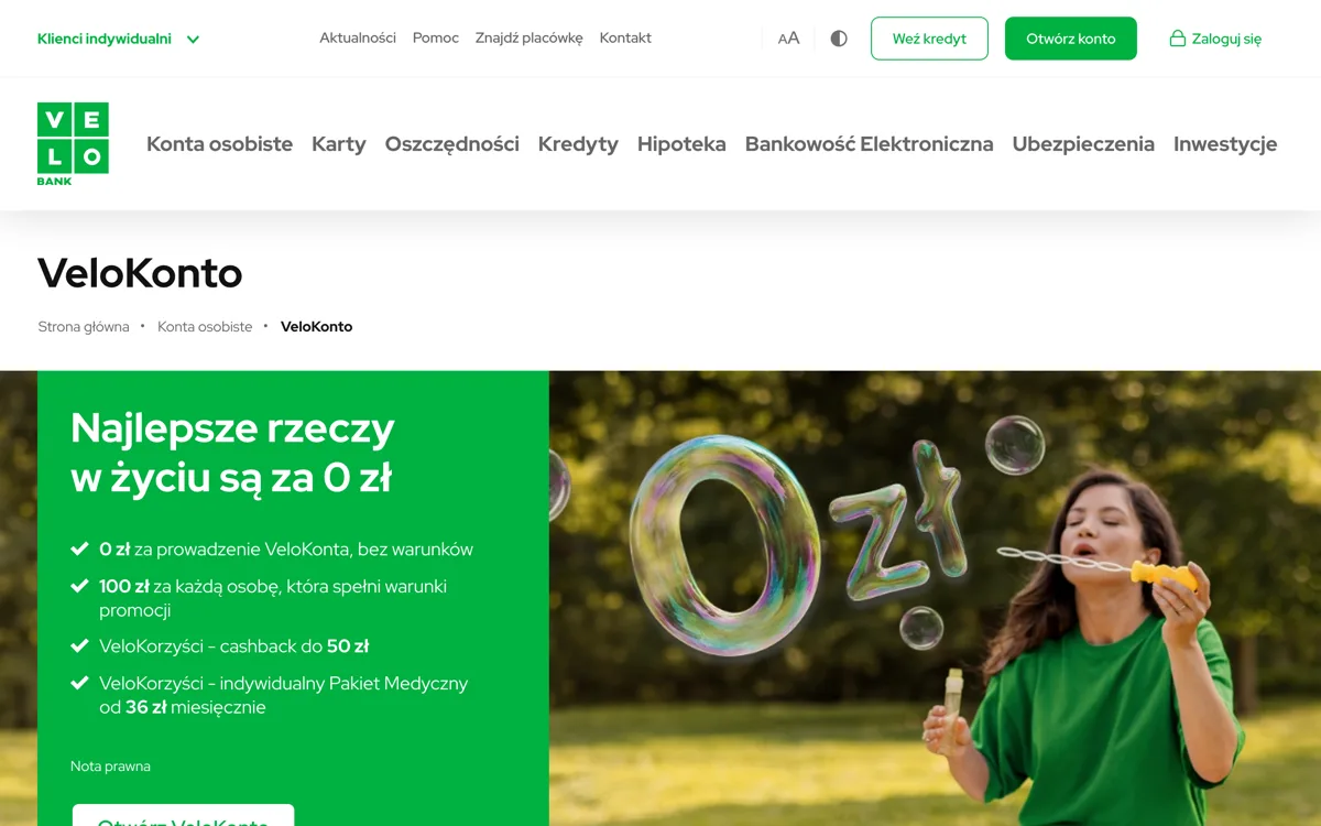 Zrzut ekranu strony promocji VeloBank: VeloKonto VeloBank: 0 zł za konto i do 50 zł cashbacku miesięcznie