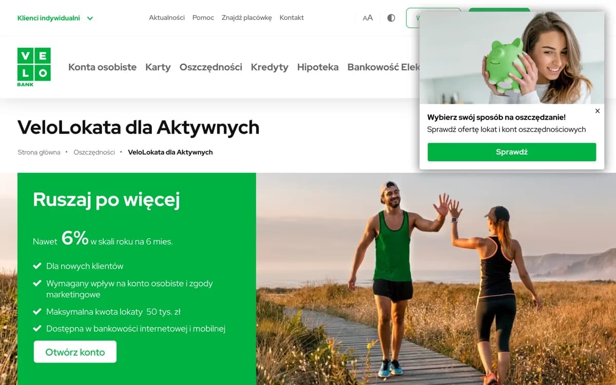 Zrzut ekranu strony promocji VeloBank: VeloLokata dla Aktywnych w VeloBanku: 6% w skali roku